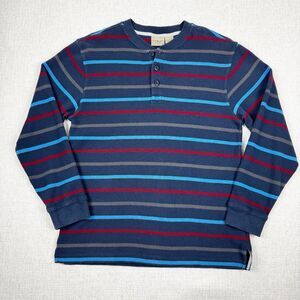 LL Bean Sweater Mens Medium Striped Blue Long Sleeve Henley Waffle Knit Thermal
